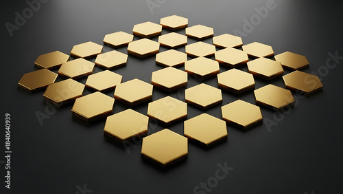 Golden Hexagons Arranged in a Grid on Black Surface