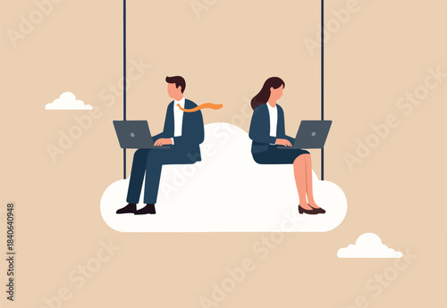 Cloud computing, remote work on company cloud infrastructure, technology to connect people concept, people businessman and woman office employees working with computer laptop on swing suspend on cloud
