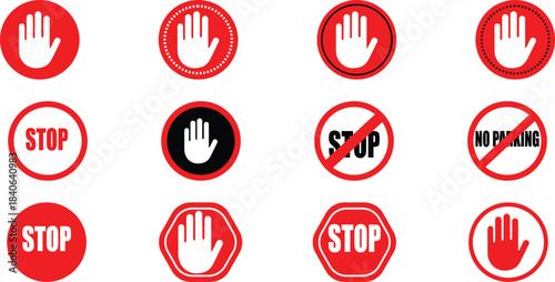 Collection of Stop Signs and Warning Hand Symbols, isolated on transparent background