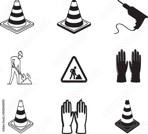 Construction Tools and Worker Icons Set, isolated on transparent background