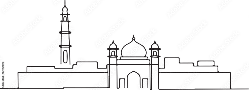 Obraz premium Continuous Line Art of Lahore Skyline with Walled City Rooftops Minimal Outline Illustration