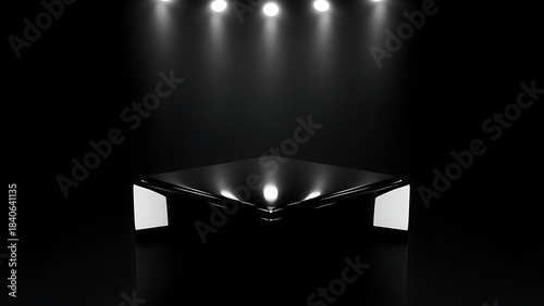 Illuminated Black Stage with Spotlights podium