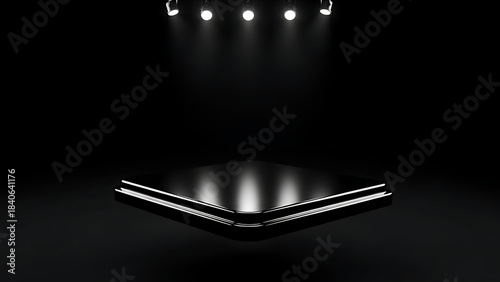 Illuminated Stage Platform with Spotlights on Black Background