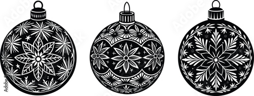 Elegant black and white illustration of three detailed vintage christmas ornaments