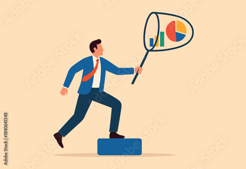 Collect data, statistics or datum diagram, information, research and analysis info, data consolidation, clensing or big data process concept, businessman catch data graph and chart with butterfly net.