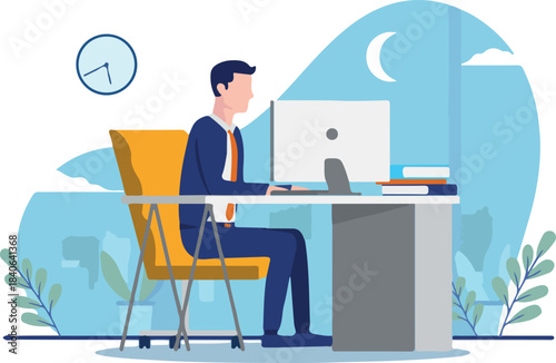 Businessman working overtime - Man in office works late on computer at desk with moon and clock in background. Vector illustration.
