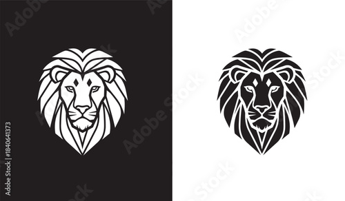 a striking visual composition showcases the head of a majestic lion presented in a dual tone black and white design mirroring symmetry and elegance
