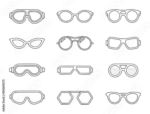 Black and white line collection of twelve different eyeglass styles eyeglasses glasses