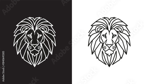 this monochromatic illustration depicts two stylized lion heads one presented against a stark black background and the other on a clean white backdrop showcasing a