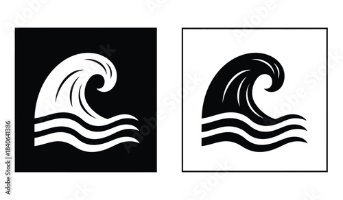 this image depicts two square frames each containing a stylized representation of a breaking ocean wave in contrasting colors black and white high quality professional