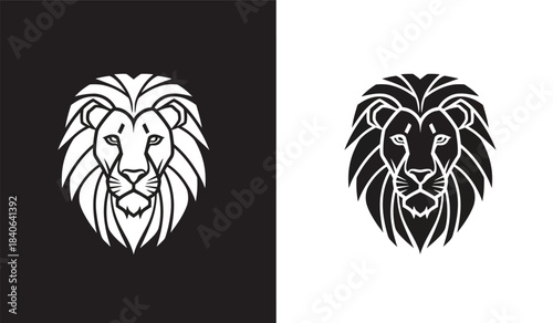 a striking visual representation showcases a regal lion s head depicted in contrasting black and white palettes highlighting symmetry and artistic design high quality professional