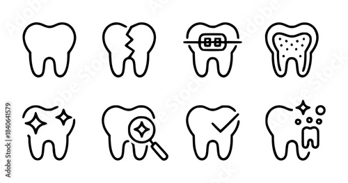 Eight black line of teeth depicting various dental conditions and treatments tooth