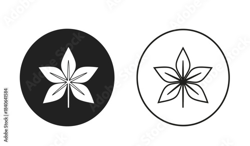 a minimalistic depiction featuring two circular designs one solid black with a white maple leaf and another white outline with a black leaf high quality