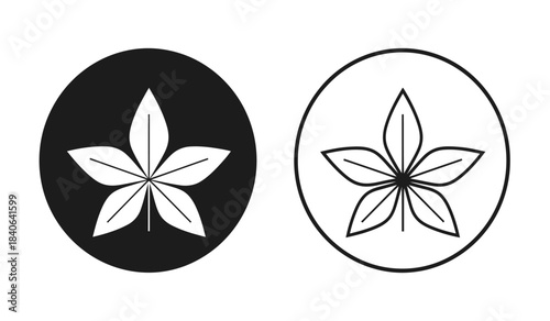a minimalistic representation featuring two circular designs one filled and one outlined both showcasing a stylized five petal flower or leaf motif high quality professional