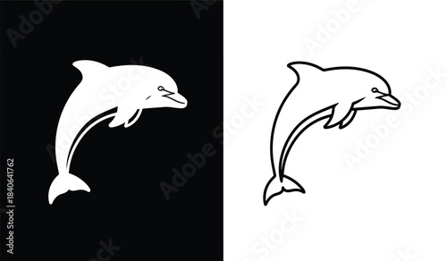 A striking visual comparison showcases a white dolphin silhouette against a black background and a line drawing of a dolphin on white high quality professional