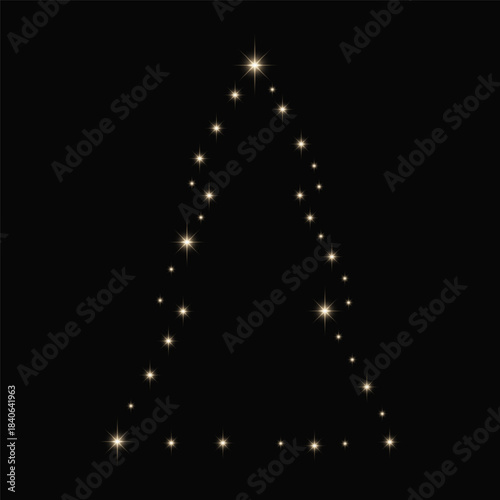 Christmas tree from sparkles. Contour, shape, configuration. Decorative element for celebrative card, winter holiday, party, event. Isolated. Vector illustration.