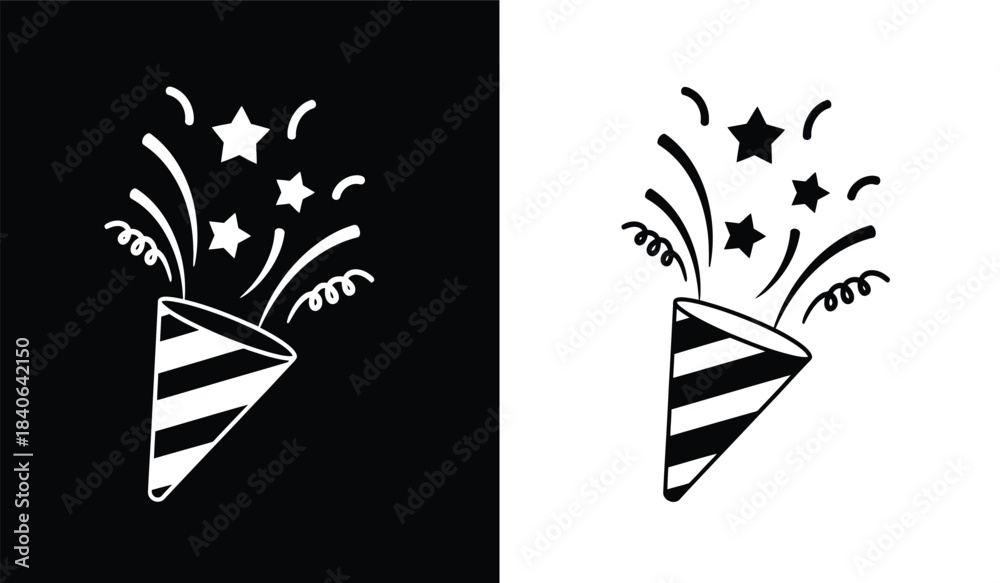 Obraz premium a striking visual composition presents two identical party poppers erupting with celebratory stars and swirls one against black and the other against white high quality