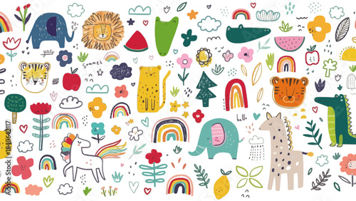 Cute jungle animals, rainbows, and nature doodles seamless pattern for kids
