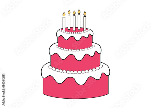 Three tier pink birthday cake with white frosting and candles