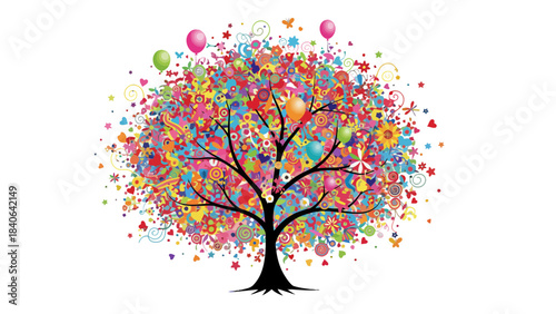 A vibrant abstract tree illustration with colorful elements and balloons on a white background