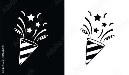 a striking visual composition presents two identical party poppers erupting with celebratory stars and swirls one against black and the other against white high quality