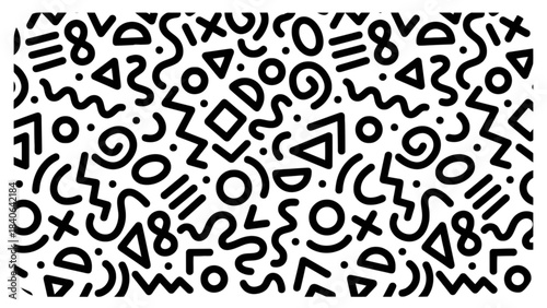 A retro seamless black and white pattern with memphis style abstract geometric shapes and doodles