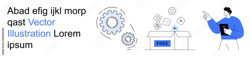Fototapeta premium Business processes, teamwork, e-commerce, free trials, technical support, user experience. Gears, box marked free person holding tablet. Business processes and e-commerce concept