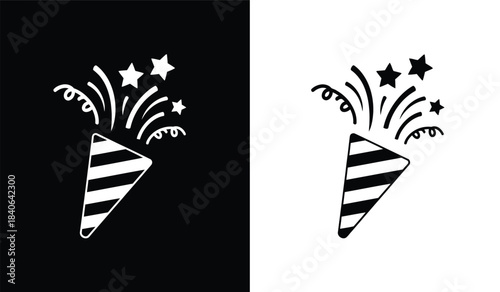 a striking visual representation showcases a party horn emitting sparkling fireworks in a dual toned black and white design emphasizing celebration high quality professional detailed
