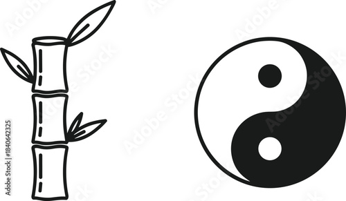 Minimalist Black and White Outline Icons of a Single Bamboo Stalk and Traditional Yin Yang Symbol, Representing Nature, Balance, Harmony, and Oriental Culture Design Elements