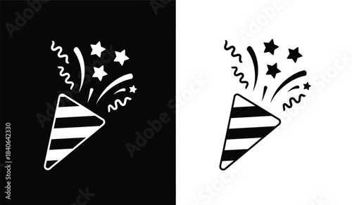 This image showcases a black and white depiction of a party horn surrounded by celebratory stars creating a striking contrast and festive ambiance high quality