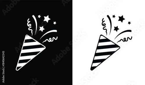 a minimalist depiction of a party hat with celebratory confetti and stars shown in a black and white contrasting design creating a striking visual effect