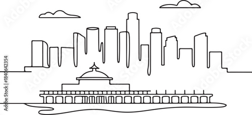 Continuous Line Art of Los Angeles Skyline with Santa Monica Pier Outline Minimal Illustration