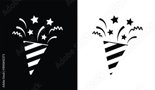 A striking visual composition featuring two party poppers emitting celebratory bursts of stars and swirls presented in contrasting black and white backgrounds high quality professional