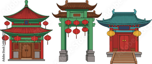 Set of Colorful Traditional Chinese Architecture, Featuring a Pagoda, Arch Gate, and Temple Building, Illustrating Asian Culture, Travel, and East Asian Landmark Icons
