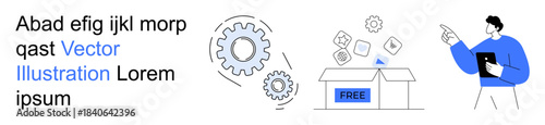 Business processes, teamwork, e-commerce, free trials, technical support, user experience. Gears, box marked free person holding tablet. Business processes and e-commerce concept