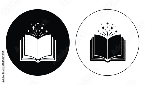 this illustration depicts two circular icons featuring an open book with sparkling stars emanating from its pages representing knowledge and imagination high quality professional detailed