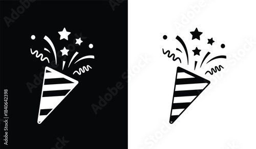 a simple black and white illustration depicts a party horn emitting star shaped sparkles and wavy lines presented in dual tone format high quality professional