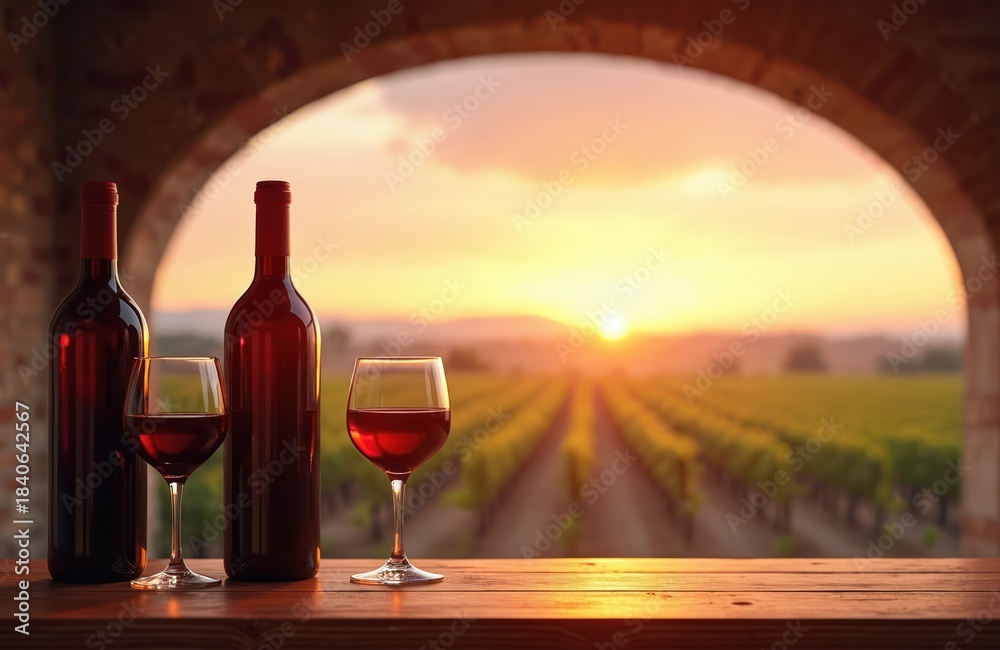 Obraz premium Red wine bottles and glasses rest on a wooden table. Vineyard rows stretch towards a sunset horizon. Archway frames view of grape fields under warm sky.