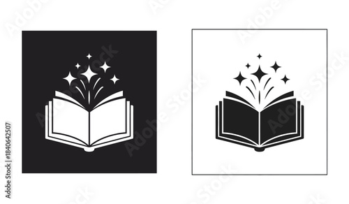 this image presents a monochromatic illustration of an open book emitting sparkling stars displayed in contrasting black and white color schemes for visual impact