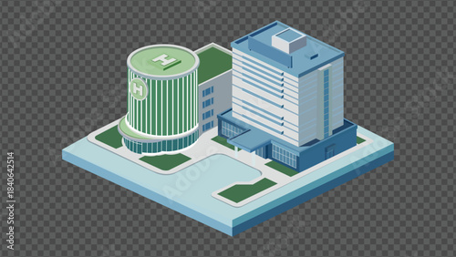 Isometric pixel art hospital complex with helipad