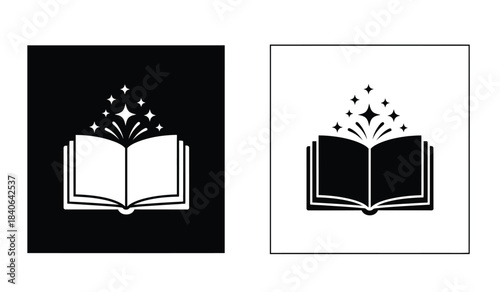 a contrasting depiction of an open book with glowing sparkles emanating from its pages shown in both black and white color schemes for visual impact
