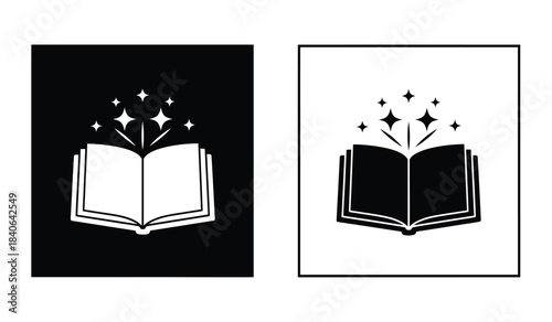 this image showcases two variations of an open book icon emitting bright sparks presented in contrasting black and white color schemes for visual distinction