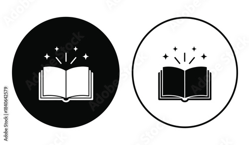 a visual depiction presents two circular icons featuring an open book with sparkling elements one in a dark tone and the other in a light