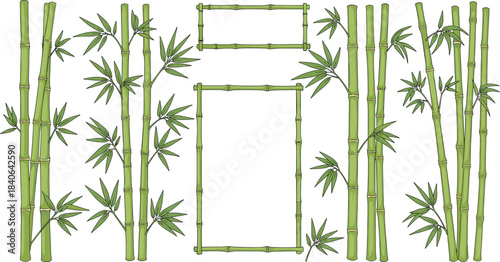 Hand-Drawn Green Bamboo Stalks and Frames Set with Leaves, Perfect for Oriental Art, Nature Borders, Eco-Friendly Templates, and Asian Culture Graphic Design