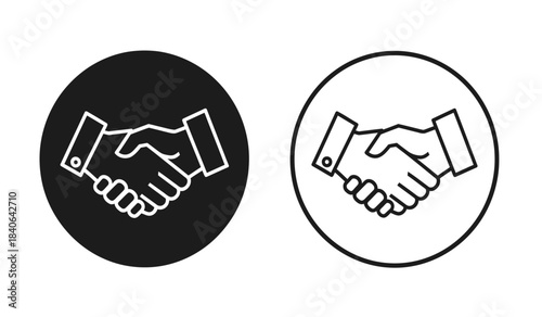 a simple illustration depicts two circular icons each showing a black and white handshake representing agreements and partnerships in a business setting high quality professional