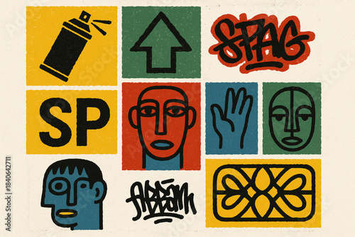 Brazilian street art graffiti vector icon set with spray cans stencils tags abstract faces and São Paulo motifs