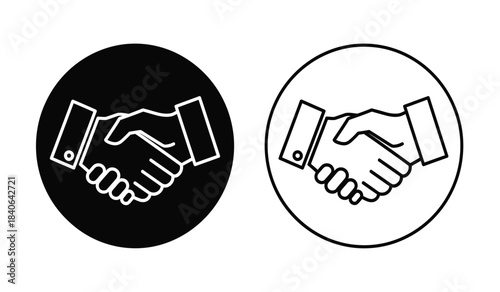 A visual representation of two handshakes one filled solid black and the other outlined both enclosed within circular frames symbolizing agreements and partnerships high quality