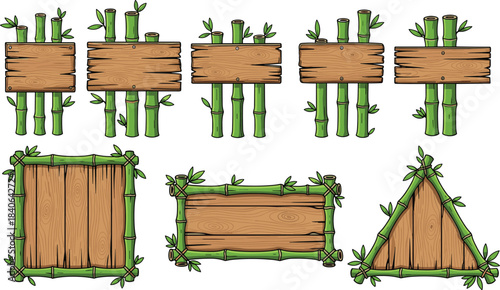 Set of Green Bamboo Frames and Wooden Signs, Perfect for Oriental Food, Asian Culture, Natural Product Branding, and Tropical Eco-Friendly Design Templates
