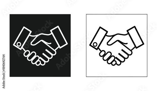 a simple graphic illustration depicts two hands clasped in a firm handshake presented in both a black and white color scheme symbolizing agreement high quality