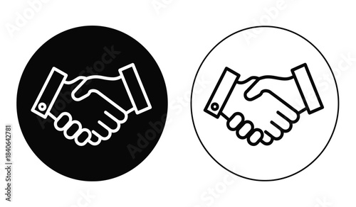 A visual depiction of a handshake icon presented in two distinct styles a solid black circle and an outlined white circle demonstrates agreement high quality